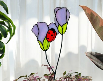 Purple Flower Suncatcher with Miraculous Ladybug Plant Decor. Flower Stained Glass Garden Accessory for Mom and Plant Lover. Gift for Friend