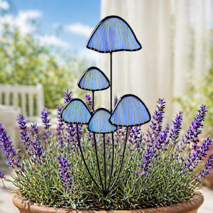 Stained Glass Blue Mushroom Plant Stake. Cottagecore Mushroom Flower Pot Decor. Ideal Mother's Day Gift for Mom Plant Lovers from Son