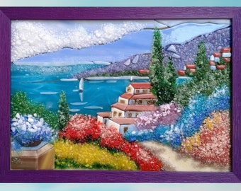 Landscape Painting Fused Glass Custom Order from Photo. Framed Fused Glass Art.  An Exquisite Gift for Memorable Moments.