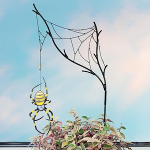 Spider Web Plant Stake with Yellow Garden Spider Stained Glass. Unique Gothic Home Decor. Goth gift