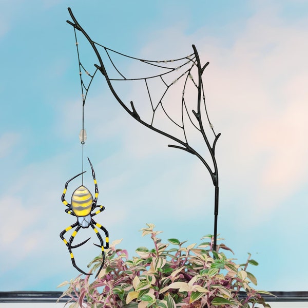 Spider Web Plant Stake with Yellow Garden Spider Stained Glass. Unique Gothic Home Decor. Goth gift