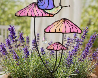 Pink Iridescent Mushrooms with Snail Plant Stake. Stained Glass Garden Stake. Mushroom Decor. Unique Kitchen Decoration. Gift for Mom