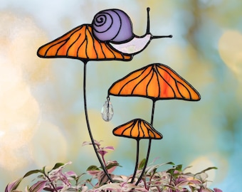 Magical Snail on Orange Mushroom Plant Stake. Enchanting Stained Glass Garden Decoration for Mushroom Lovers. Perfect Gift for Friends.