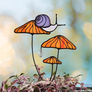 Magical Snail on Orange Mushroom Plant Stake. Enchanting Stained Glass Garden Decoration for Mushroom Lovers. Perfect Gift for Friends.