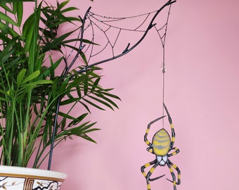 Spider Web Plant Stake with Yellow Garden Spider Stained Glass