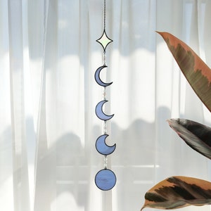 Celestial Dreams Stained Glass Crescent Moon and Star Suncatcher. Moon Phases Artwork for Celestial Home Decor and Ideal Mother&#39;s Day Gift