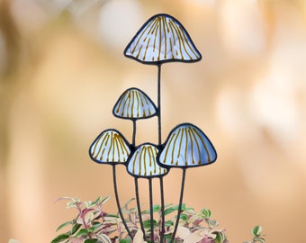 Blue Toadstool Mushrooms Plant Stake. Artistic Stained Glass Decor for Mushroom-Themed Home Interiors