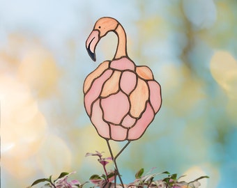 Stained glass Bird Pink Flamingo Plant Stake. Stained Glass Flamingo Garden Stakes. Unique Gift for Mom's Special Occasion. Plant Lover Gift