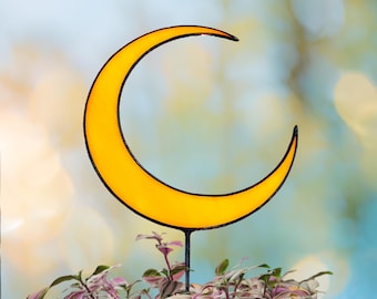 Yellow Crescent Moon Plant Stakes - Handmade Stained Glass Moon Decor for Plant Lovers and Garden Enthusiasts