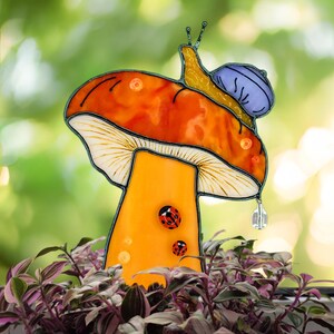 Stained Glass Mushroom Garden Stake with Snail & Ladybugs.