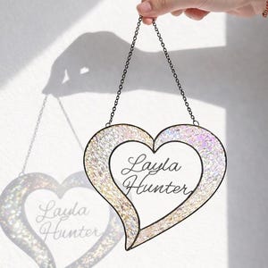 Personalized Stained Glass Heart Suncatcher with Names Made of Wire. Custom Name with Heart. Gift for Birthday or 15th wedding anniversary