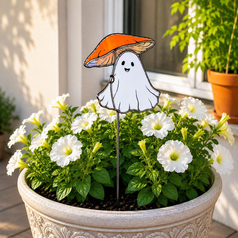 Stained glass ghost under orange mushroom plant stake. Christmas gift for mom. Cute ghost decor, handmade mushroom gift, whimsical garden decor