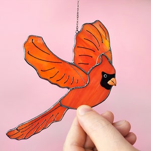 Personalized Red Bird Cardinal Suncatcher. Stained Glass Red Cardinal Window Hangings.