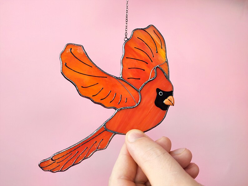 Personalized Red Bird Cardinal Suncatcher. Stained Glass Red Cardinal Window Hangings.