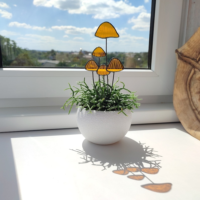 Brown Mushroom Stained Glass Plant Stake.