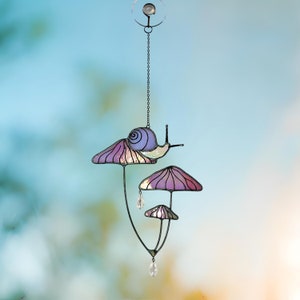 Mushrooms with Snail Stained Glass Window Hangings. Pink Suncatcher Mushrooms for Home Decoration.