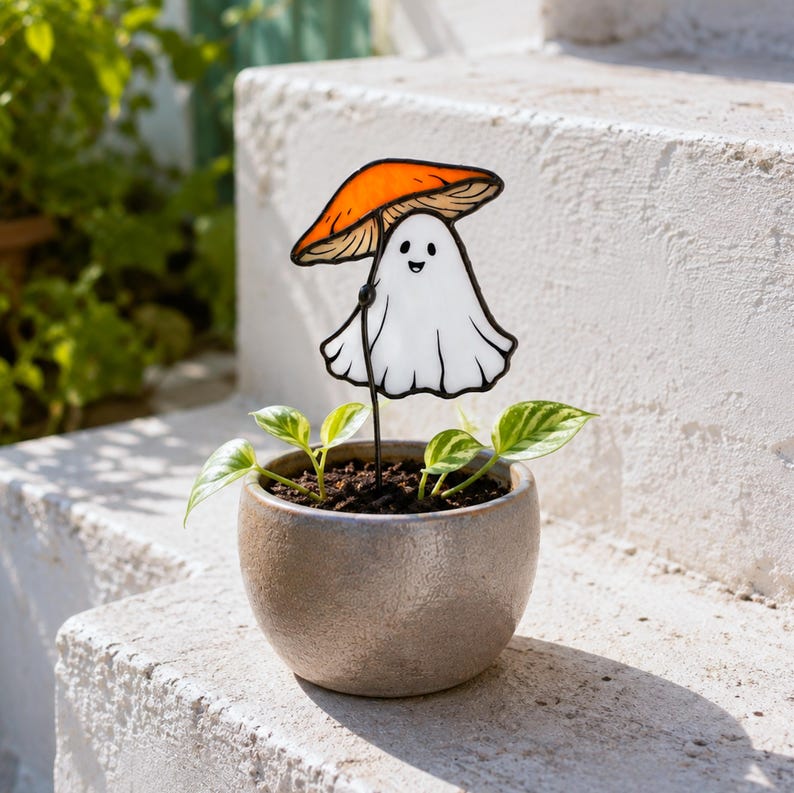 Stained glass ghost with orange mushroom plant stake. Halloween plant decor. Cute ghost decor, spooky garden decor, handmade halloween gift