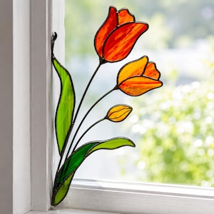 Stained Glass Orange Tulips Corner Suncatcher. Remembrance Flower Gift, Memorial Window Decor, Handmade Sympathy Gift for Loved One