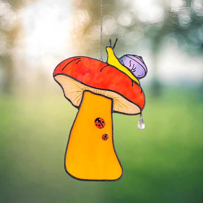 Stained Glass Mushroom Suncatcher with Snail & Ladybugs.