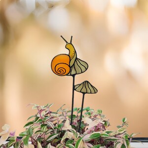 Stained Glass Orange Snail on Mushrooms Plant Stake