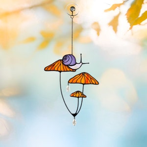 Mushrooms with Snail Stained Glass Window Hangings. Suncatcher Mushrooms for Home Decoration.