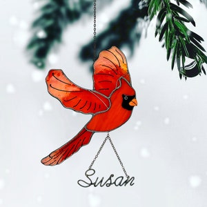 Personalized Red Bird Cardinal Suncatcher. Stained Glass Red Cardinal Window Hangings.