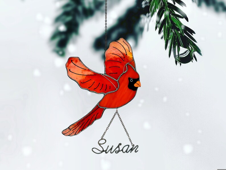 Personalized Red Bird Cardinal Suncatcher. Stained Glass Red Cardinal Window Hangings.