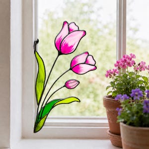 Stained Glass Pink Tulips Corner Suncatcher. Remembrance Flower Gift, Memorial Window Decor, Handmade Sympathy Gift for Loved One