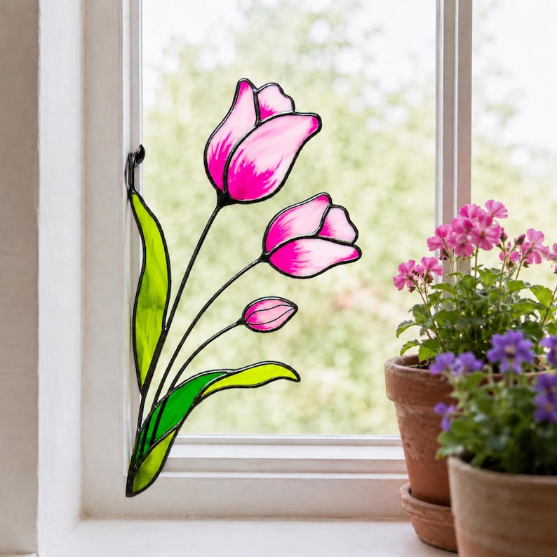 Stained Glass Pink Tulips Corner Suncatcher. Remembrance Flower Gift, Memorial Window Decor, Handmade Sympathy Gift for Loved One
