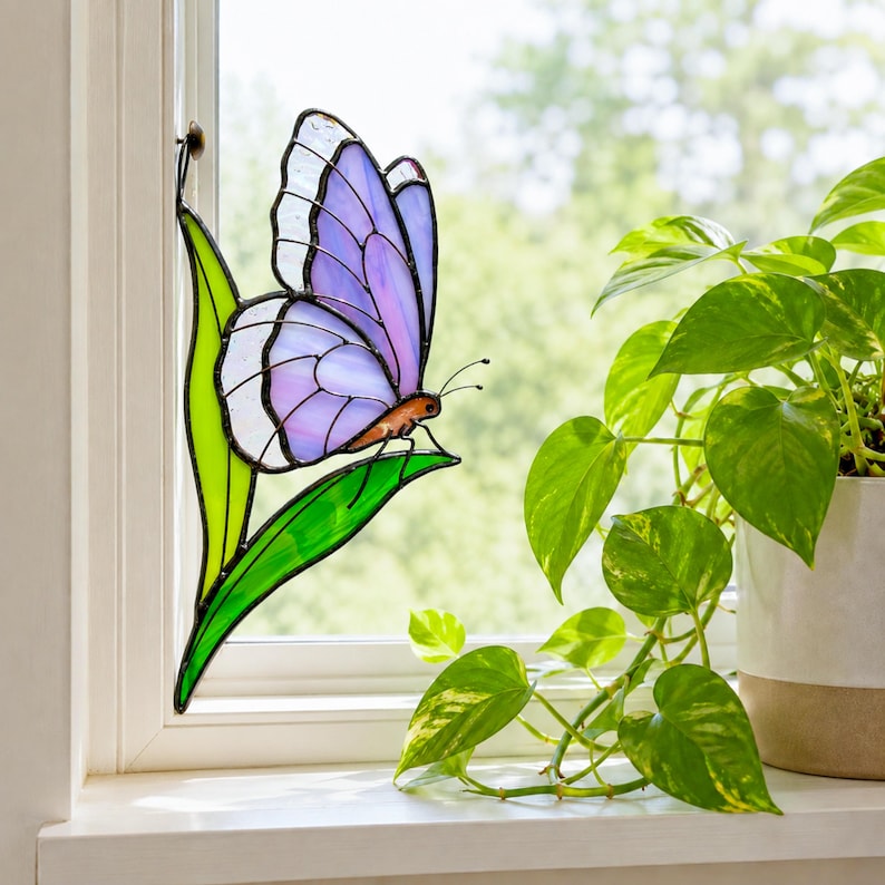 Purple butterfly stained glass suncatcher. Whimsical christmas gift. Handmade butterfly window hanging, gift for mom, modern home decor