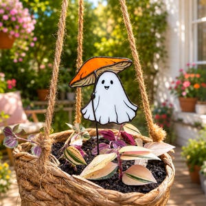 Stained glass ghost with orange mushroom plant stake. Halloween plant decor. Cute ghost decor, spooky garden decor, handmade halloween gift