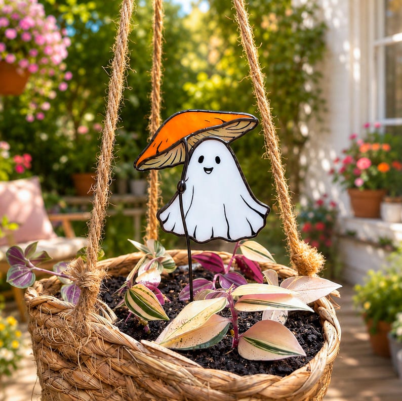 Stained glass ghost with orange mushroom plant stake. Halloween plant decor. Cute ghost decor, spooky garden decor, handmade halloween gift
