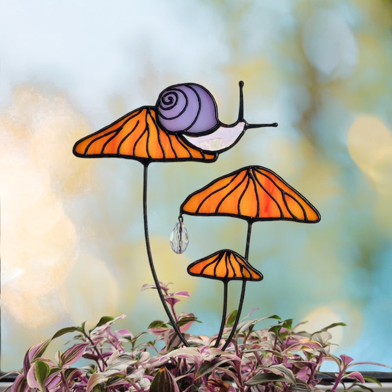 Magical Snail on Orange Mushroom Plant Stake. Enchanting Stained Glass Garden Decoration