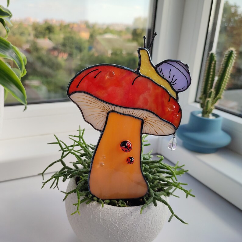 Stained Glass Mushroom Garden Stake with Snail & Ladybugs.