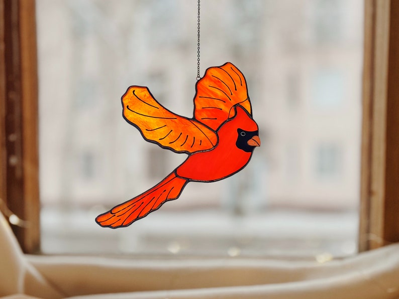 Personalized Red Bird Cardinal Suncatcher. Stained Glass Red Cardinal Window Hangings.