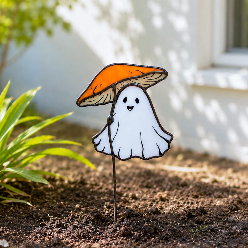 Stained glass ghost with orange mushroom plant stake. Halloween plant decor. Cute ghost decor, spooky garden decor, handmade halloween gift
