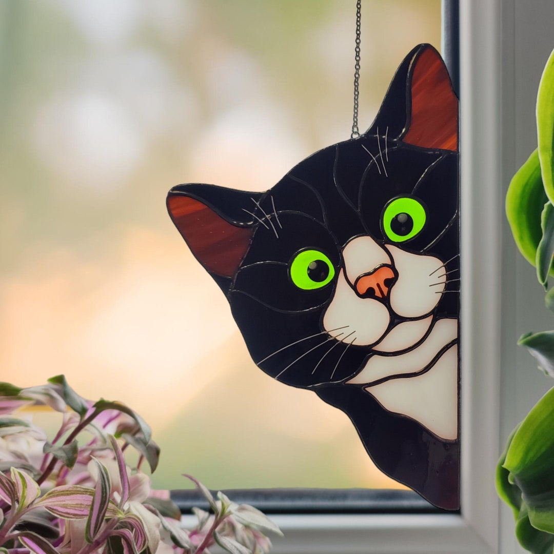 Peeking Cat Suncatcher. Stained Glass Cat Window Hanging Etsy