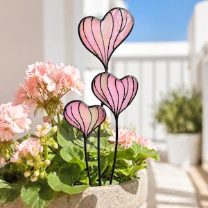 Heart Shaped Garden Plant Stake. Handmade Pink Stained Glass Decor for Houseplants, Garden Beds or Gift for Plant Lovers. Birthday Gift Idea