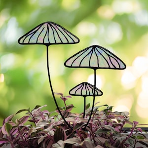 Iridescent Stained Glass Mushrooms Plant Stake