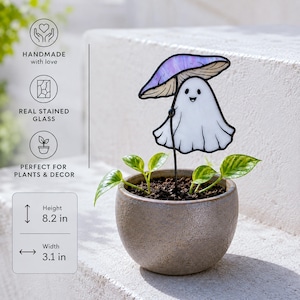 Stained glass ghost under purple mushroom plant stake. Christmas gift for mom. Cute ghost decor, handmade mushroom gift, whimsical garden decor