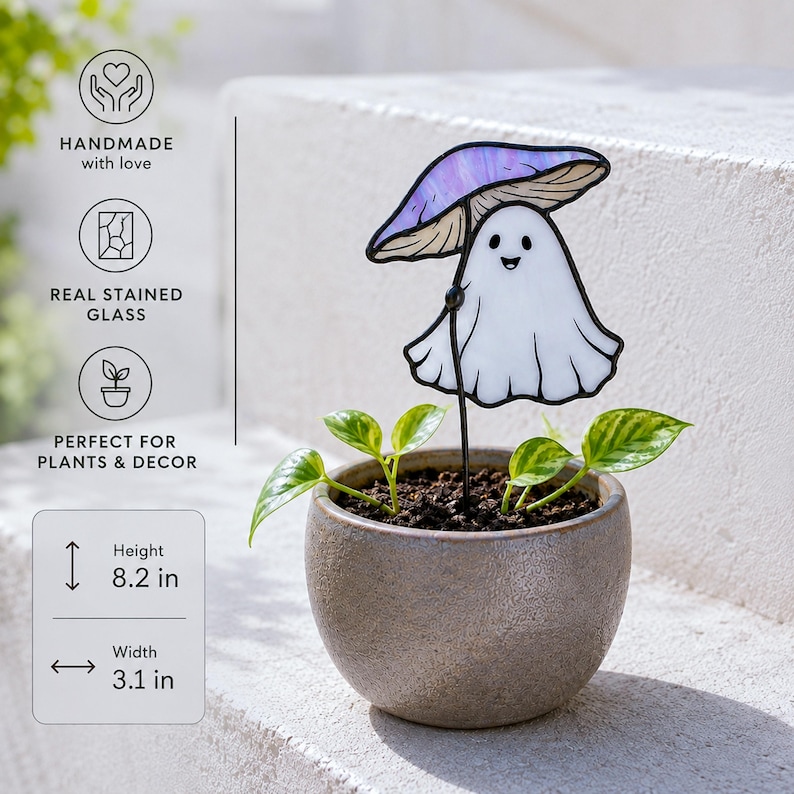 Stained glass ghost under purple mushroom plant stake. Christmas gift for mom. Cute ghost decor, handmade mushroom gift, whimsical garden decor