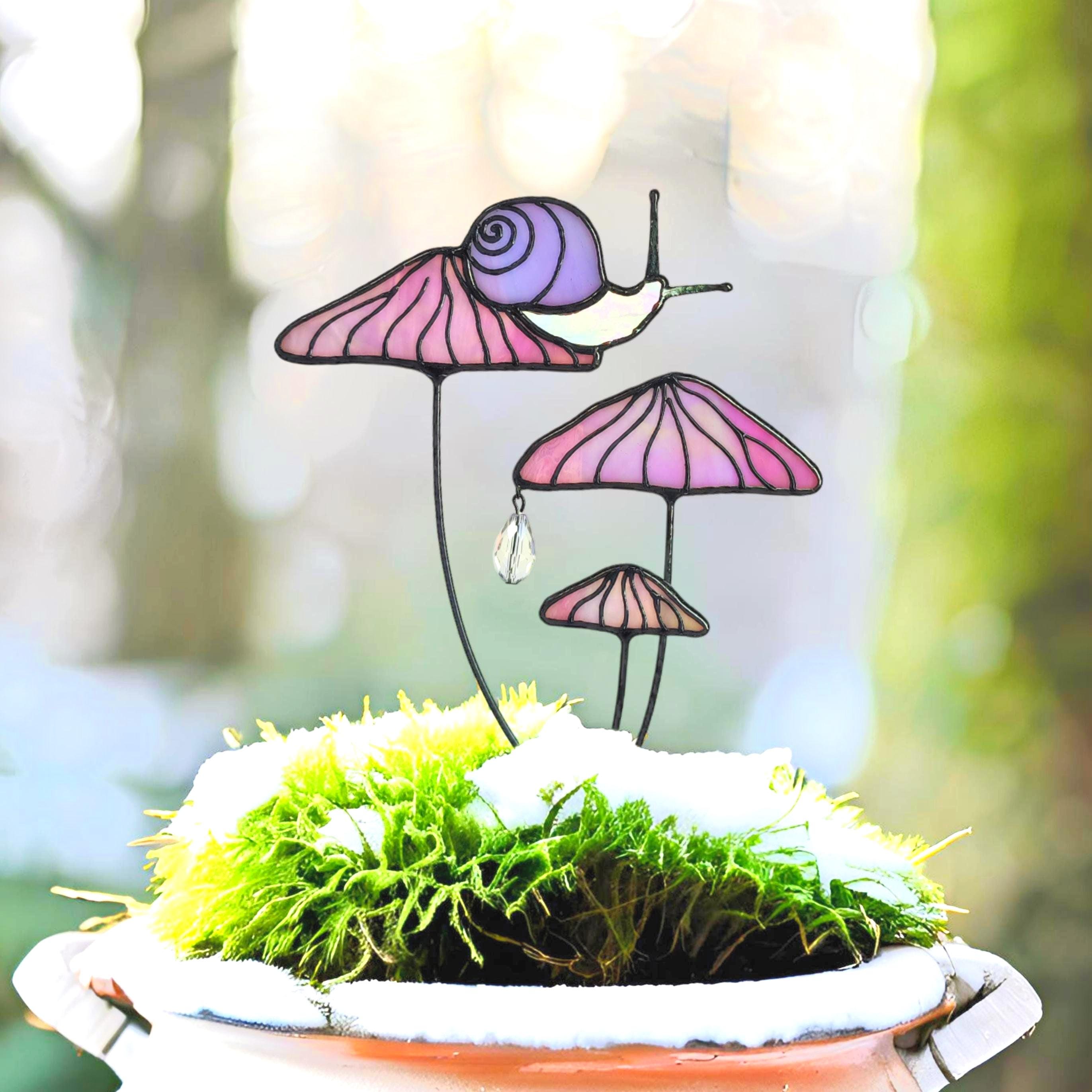 Pink Mushrooms with Snail Plant Stake. Iridescent Stained Glass Garden Stake. Mushroom Decor. Unique Kitchen Decoration. Housewarming Gift