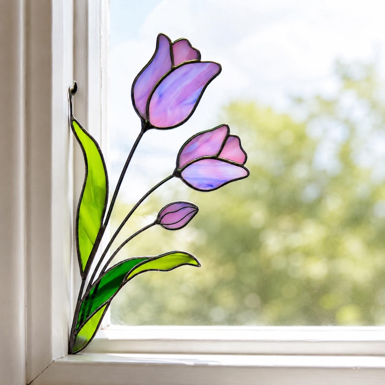 Stained Glass Purple Tulips Corner Suncatcher. Remembrance Flower Gift, Memorial Window Decor, Handmade Sympathy Gift for Loved One