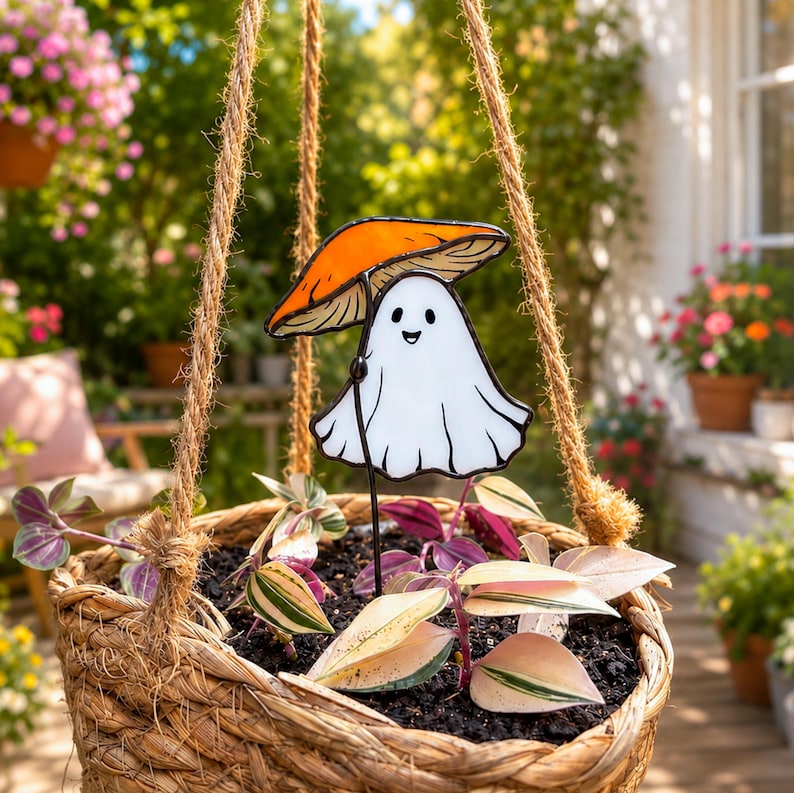 Stained glass ghost under orange mushroom plant stake. Christmas gift for mom. Cute ghost decor, handmade mushroom gift, whimsical garden decor