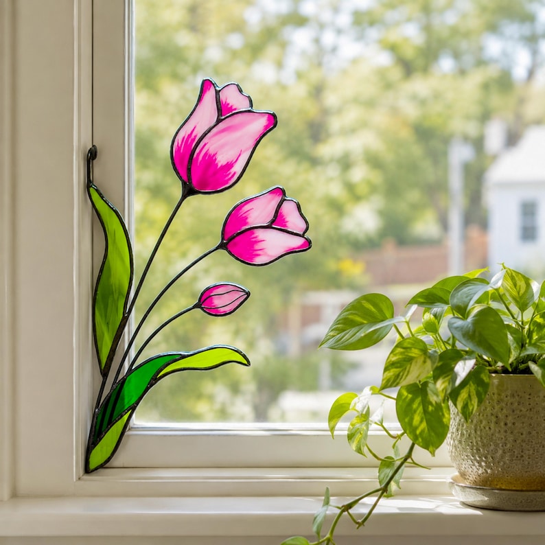Stained Glass Pink Tulips Corner Suncatcher. Remembrance Flower Gift, Memorial Window Decor, Handmade Sympathy Gift for Loved One