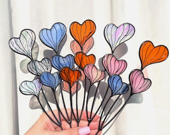 Handgemaakte glas-in-lood harten plantenstok. Grappig kerstcadeau voor tuiniers, plantenliefhebbers en romantische woonaccessoires