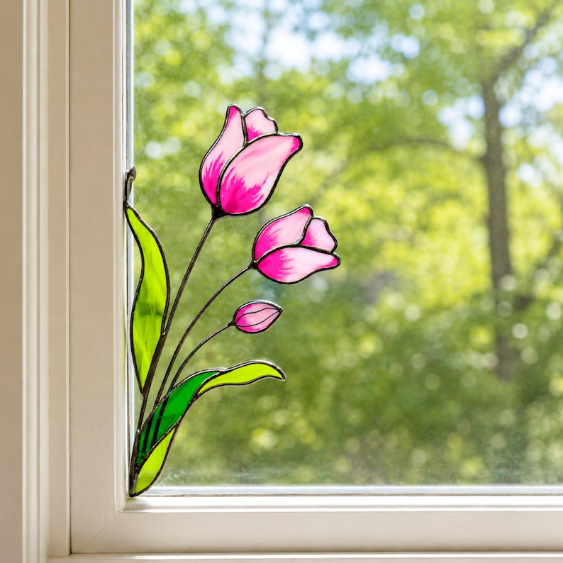 Stained Glass Pink Tulips Corner Suncatcher. Remembrance Flower Gift, Memorial Window Decor, Handmade Sympathy Gift for Loved One