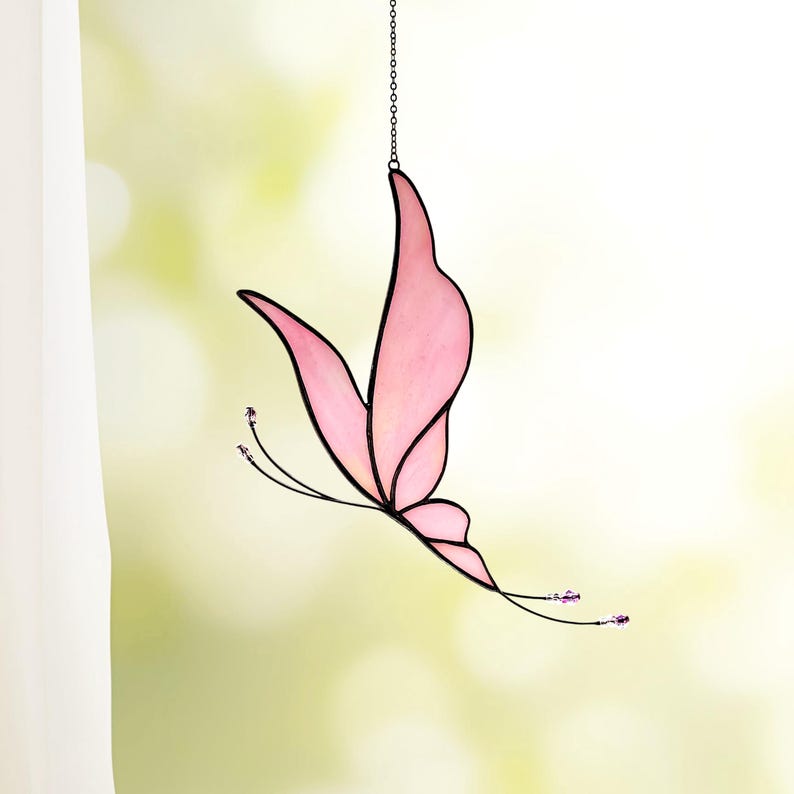 Butterfly Suncatcher. Handmade Stained Glass Art Window Decor. Beautiful Pink Butterfly