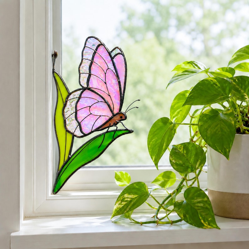 Pink iridescent butterfly stained glass suncatcher. Whimsical christmas gift. Handmade butterfly window hanging, gift for mom, modern home decor
