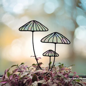 Iridescent Stained Glass Mushrooms Plant Stake